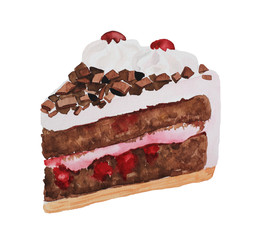 A piece of Black Forest cake with whipped cream and cherry painted with watercolors side view. Isolated on white background