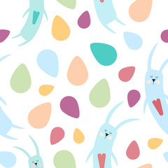 Seamless pattern. Easter background from colorful bunnies and eggs. Cartoon illustration. Vector.