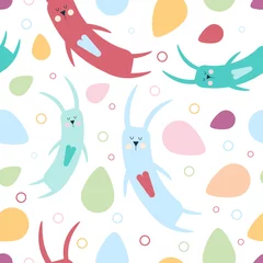 Gordijnen Naadloze patroon met kleurrijke konijnen, harten, cirkels, eieren op een witte achtergrond. Pasen. Cartoon afbeelding. Vector. © Elena