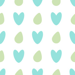 Seamless pattern with colored eggs and hearts on a white background. Easter. Vector