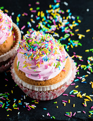 Closeup of cupcakes with vanilla, berries, pink and white cream, chocolate and sprinkles on wooden background. Selective focus. Sweet dessert tasty food concept muffin.