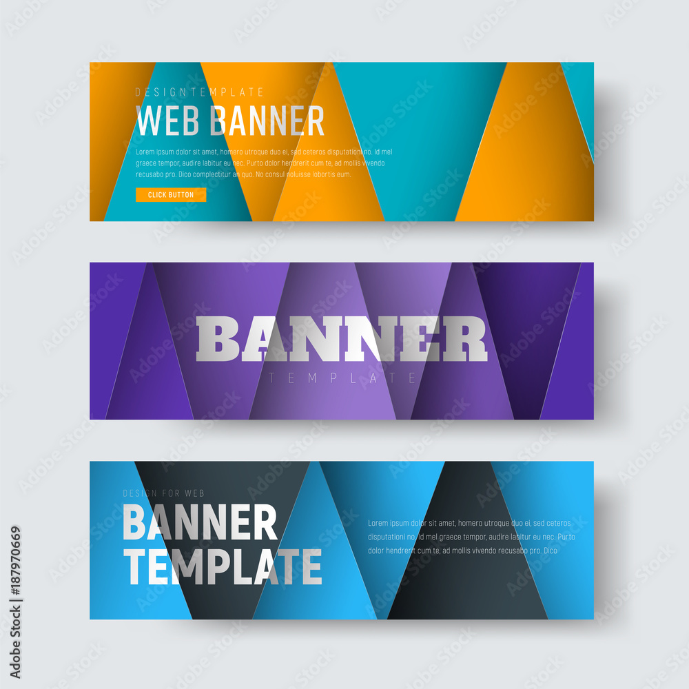 Poster Template of vector horizontal web banners in the style of material design with colored floating sheets