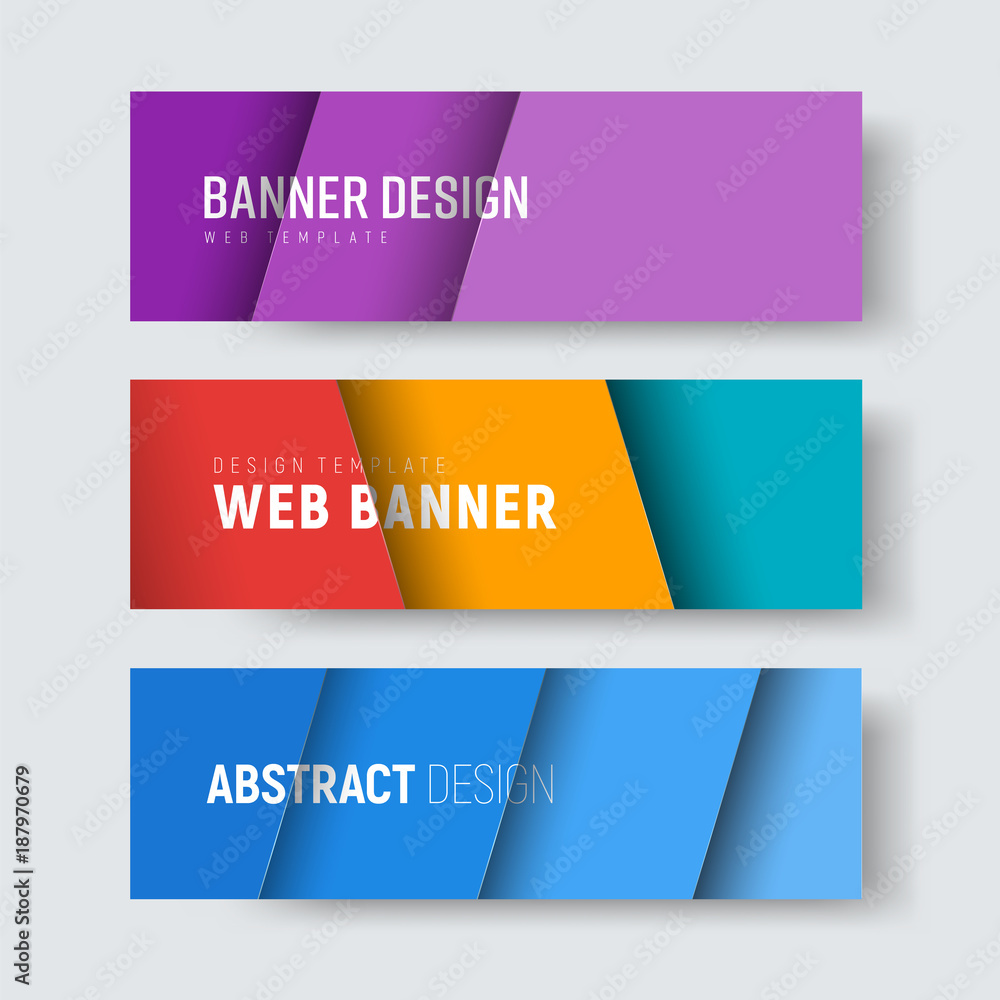 Poster Set of horizontal web banners with multi-colored diagonal sheets floating over the background.