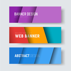 Set of horizontal web banners with multi-colored diagonal sheets floating over the background.