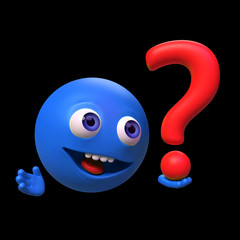 Fototapeta na wymiar excited funny 3d cartoon character holding a red question mark (3d render isolated on black background)