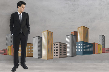 businessman wearing a black suit standing against the wall have city. 3D Rendering.