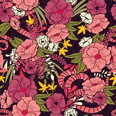 Floral jungle with snakes seamless pattern, tropical flowers and leaves, botanical hand drawn vibrant vector illustration