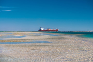 Obraz premium Red cargo ship sailing in Red Sea