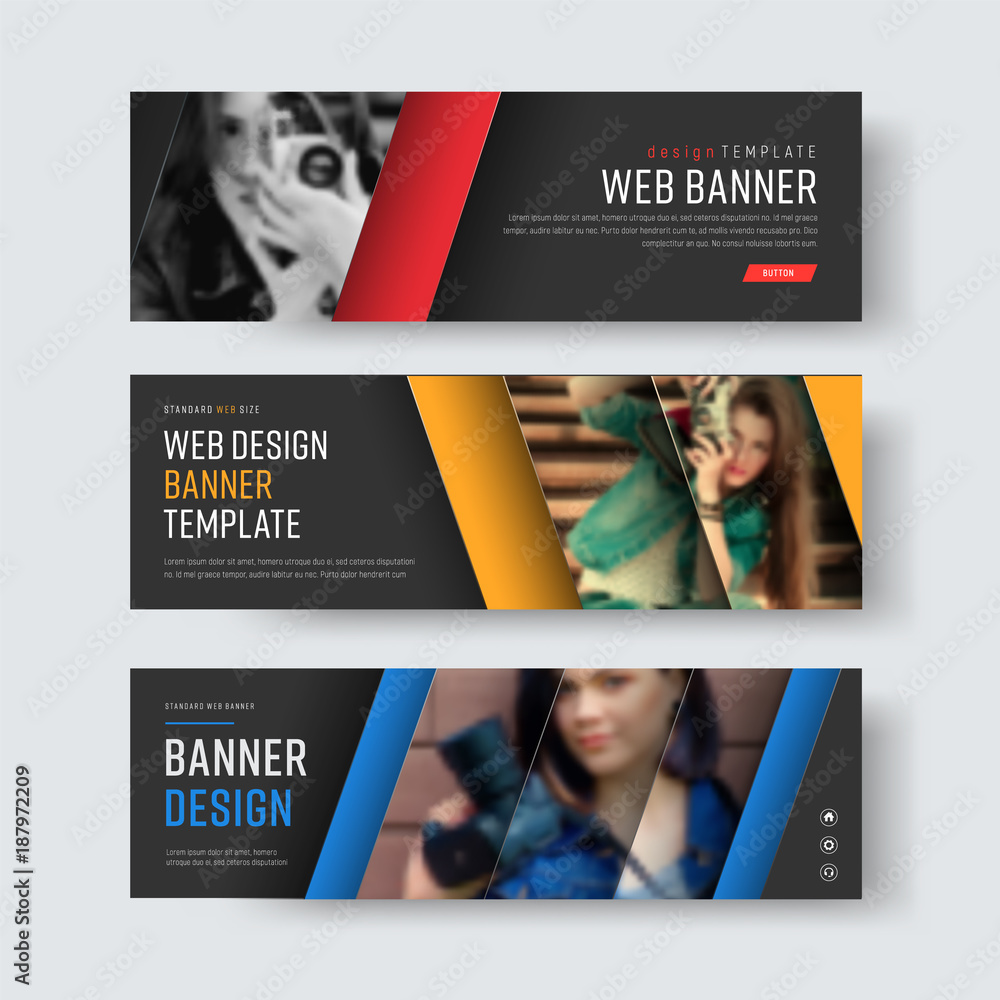 Poster Design of vector black banners with diagonal colored lines and a place for photos.