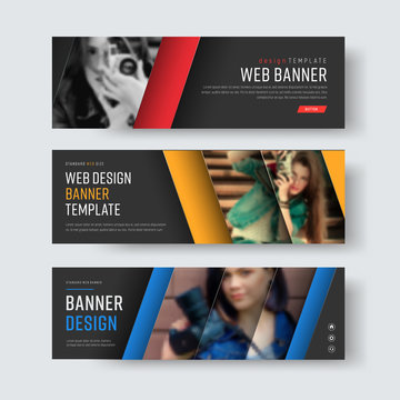 Design of vector black banners with diagonal colored lines and a place for photos.