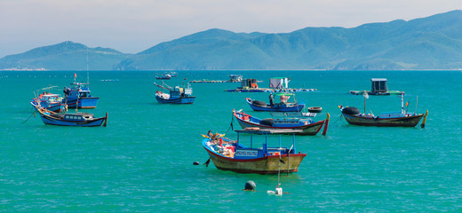 Vietnamese coastline looking out over the south china sea in Nha Trang Vietnam with a turquoise...