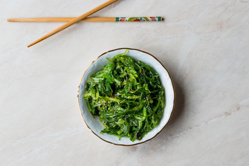 Japanese Wakame Seaweed Salad with Chopsticks.
