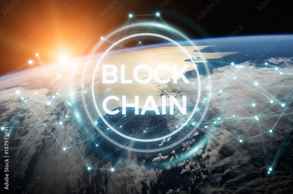 Poster blockchain on planet earth 3d rendering