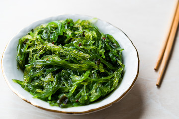Japanese Wakame Seaweed Salad with Chopsticks.