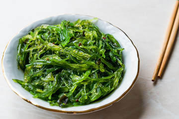 Japanese Wakame Seaweed Salad with Chopsticks.