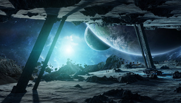 Astronauts exploring an asteroid spaceship 3D rendering elements of this image furnished by NASA