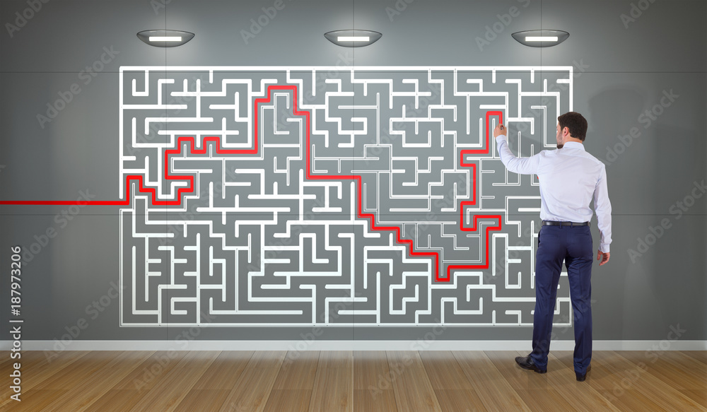Poster Businessman searching maze solution on a wall 3D rendering