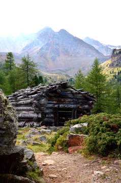 Alte Almh&uuml;tte in Blockbauweise erbaut in S&uuml;dtiroler Bergwelt