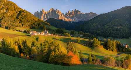 Autumn in the italian Dolomites Alps, Santa Maddalena, Funes Valley, Alto Adige, Italy