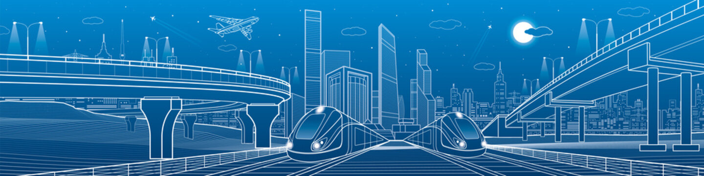 Train is riding at railroad. Transport overpass. Urban infrastructure, modern city on background, industrial architecture. White lines illustration, night scene, vector design art 