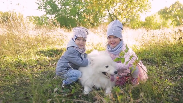 little boy and girl playing with white dog at sunset outdoors