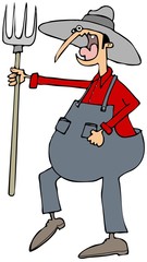 Illustration of an angry farmer wearing overalls yelling and carrying a pitchfork.