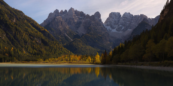 Mountains above the lake Lago di Landro in the fall, Dolomites, Italy