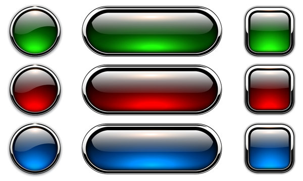 Glossy buttons set with metallic, chrome elements, red blue green