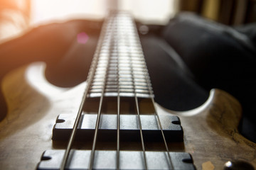 Bass guitar in the case, close up