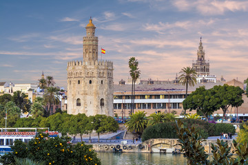 Fototapeta na wymiar Golden tower (Torre del Oro) at sunset from the other side of the Guadalquivir river, Seville (Andalusia), Spain.