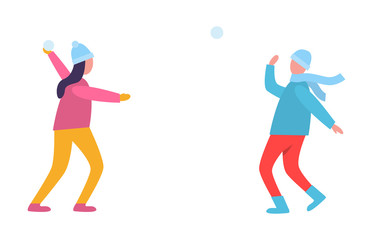 Young People Playing Snowballs Vector Illustration
