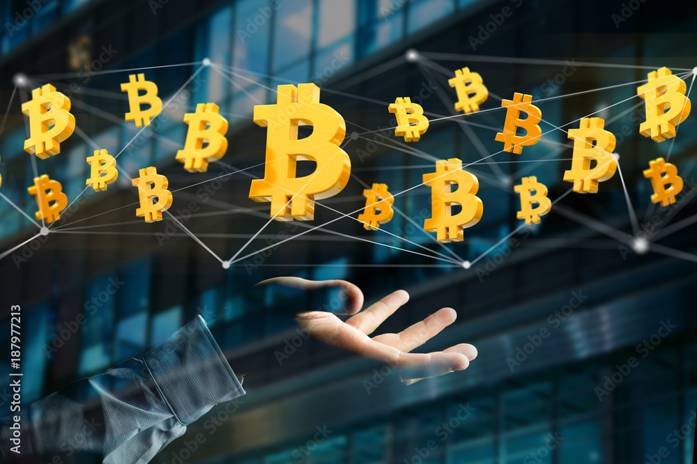 Poster bitcoin sign flying around a network connection - 3d render