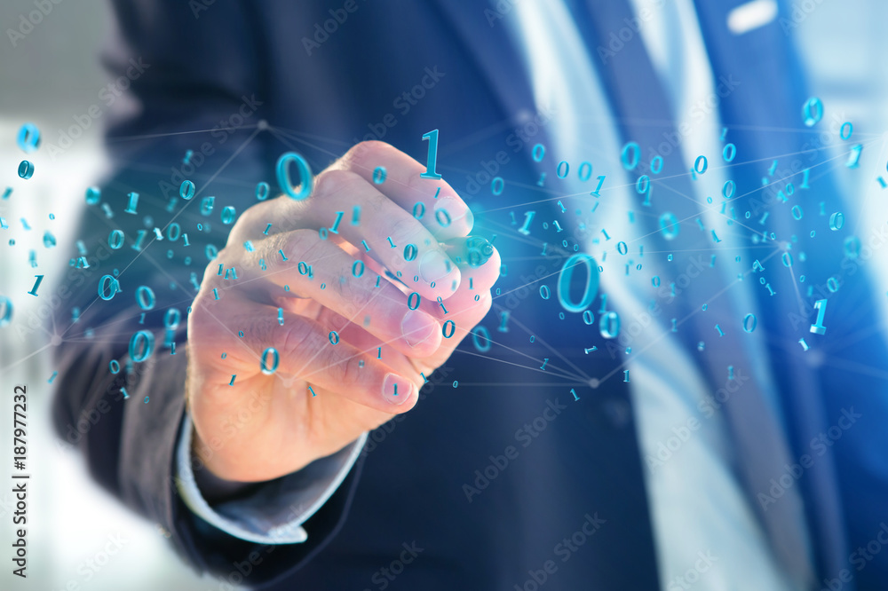 Poster network connection of data with 0 and 1 number - 3d render