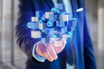 3d rendering blue and white cube on a futuristic interface