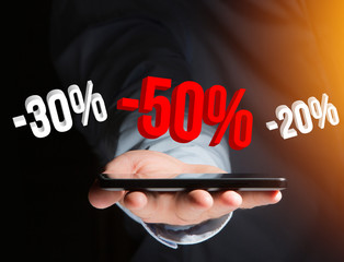 Sales promotion 20% 30% and 50% flying over an interface - Shopping concept
