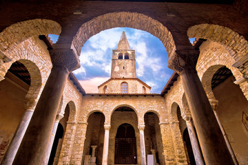 Euphrasian Basilica in Porec arcades and tower view - obrazy, fototapety, plakaty
