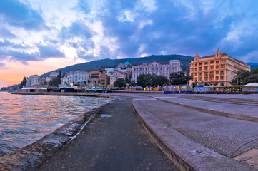 Town of Opatija waterfront at sunset view