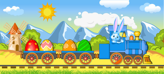 Obraz premium easter steam locomotive wagon load eggs beautiful landscape mountains clouds trees bushes mill hare driver picture postcard greeting wallpaper picture