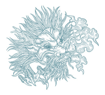 Hand drawn asian dragon head. Vector illustration traditional Chinese dragon mask. Detailed design for print engraved