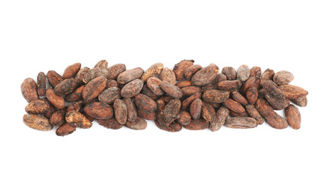 Line of cocoa beans isolated