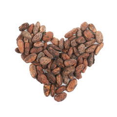 Heart shape made of cocoa beans isolated