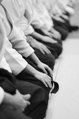 Sensei students sitting in a row on the mat at a seminar on aikido - 187979411