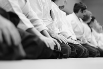 Sensei students sitting in a row on the mat at a seminar on aikido - obrazy, fototapety, plakaty