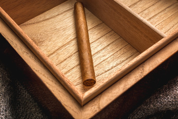 Long Cuban cigar in the humidor Spanish cedar