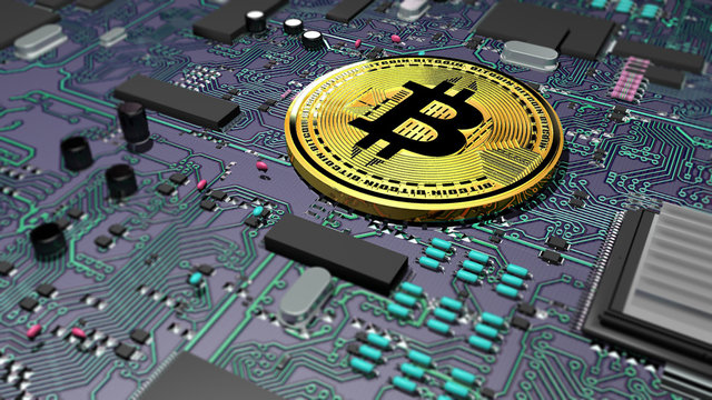 Bitcoin, criptovaluta, moneta elettronica, moneta virtuale, transizioni. Circuito stampato, computer