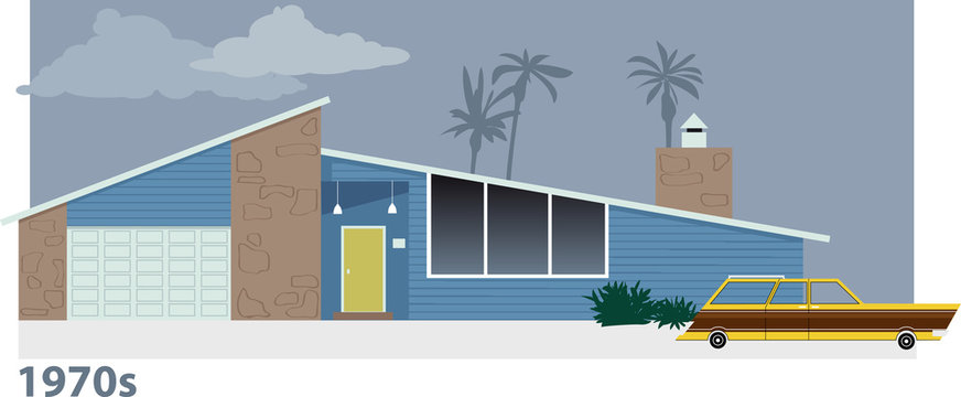 Exterior of 1970s modern suburban home with a station wagon in front of it, EPS 8 vector illustration