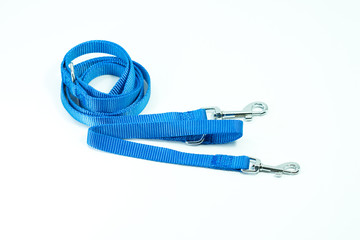 Pet supplies about leash of blue for pets isolated on white background.