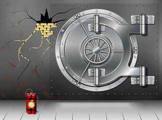 A huge metal round safe door. Reliable saving of secrets and passwords. Blown up or destroyed protection. Copy space.