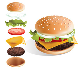 Hamburger and it's parts vector illustration with white background - sesame bun, beef steak, cheese, tomato, onion, salad with special sauce