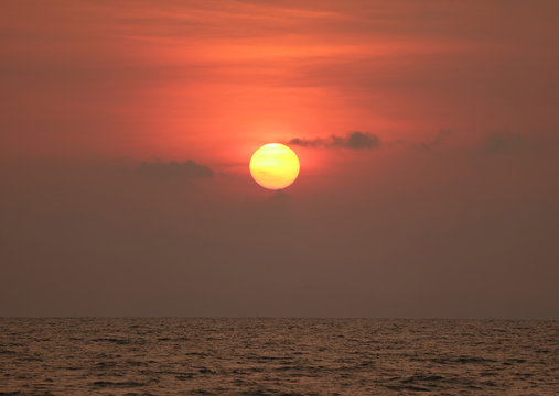 Impressive Golden Sun on Red Color Gradation Sky over Gulf of Thailand © jobi_pro
